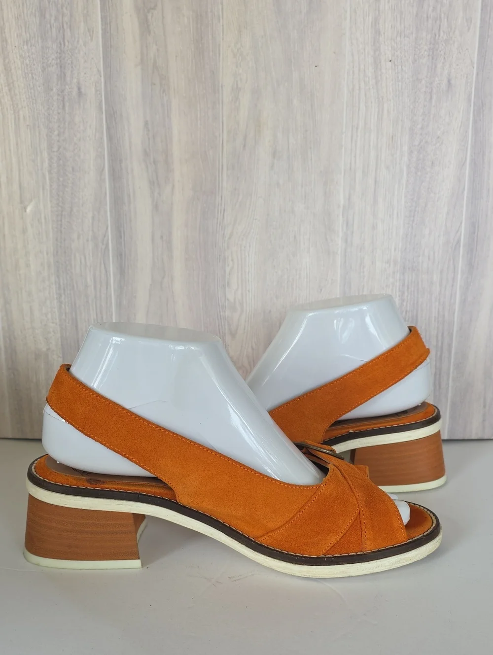 FLY London Burnt Orange Suede Mule Sandals Chunky Heel Buckle Straps Sz 38/7.5US